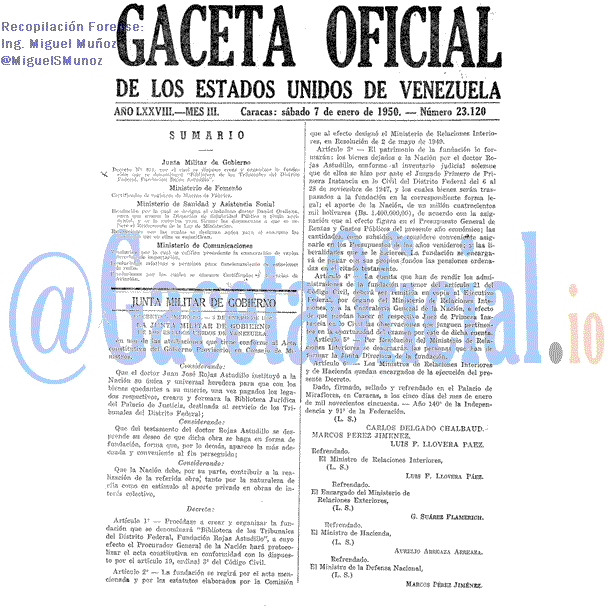 Gaceta Oficial 23120 del 7 Enero 1950