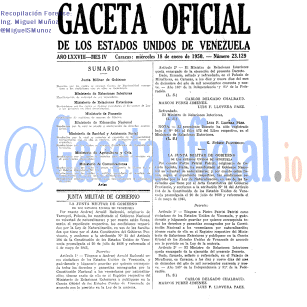 Gaceta Oficial 23129 del 18 Enero 1950