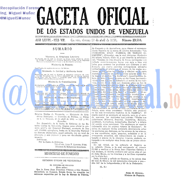 Gaceta Oficial 23514 del 27 Abril 1951
