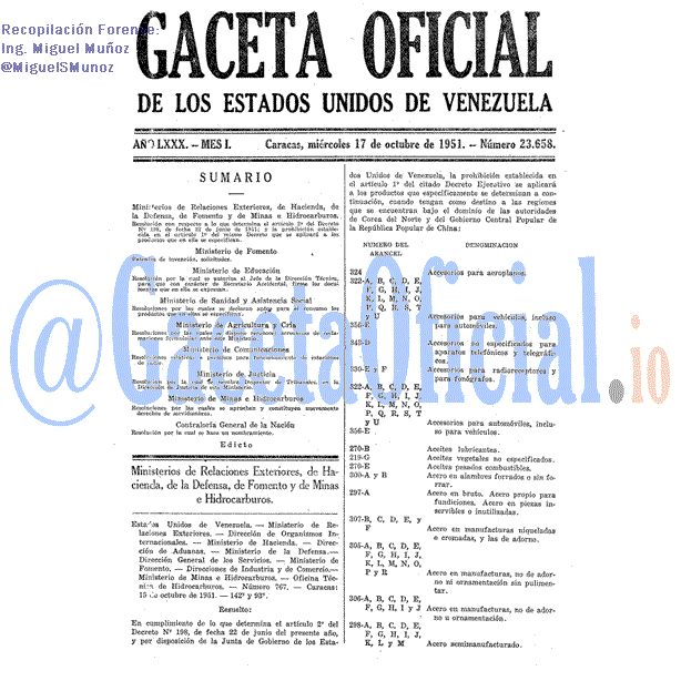 Gaceta Oficial 23658 del 17 Octubre 1951