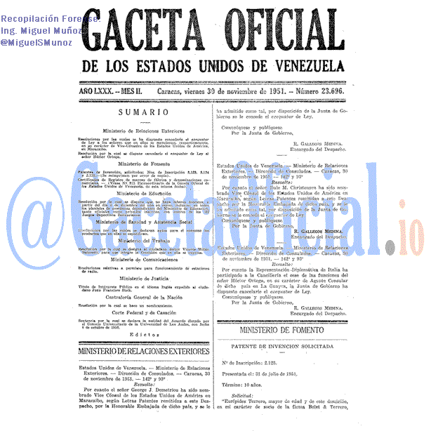 Gaceta Oficial 23696 del 30 Noviembre 1951