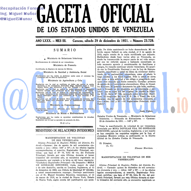 Gaceta Oficial 23720 del 29 Diciembre 1951