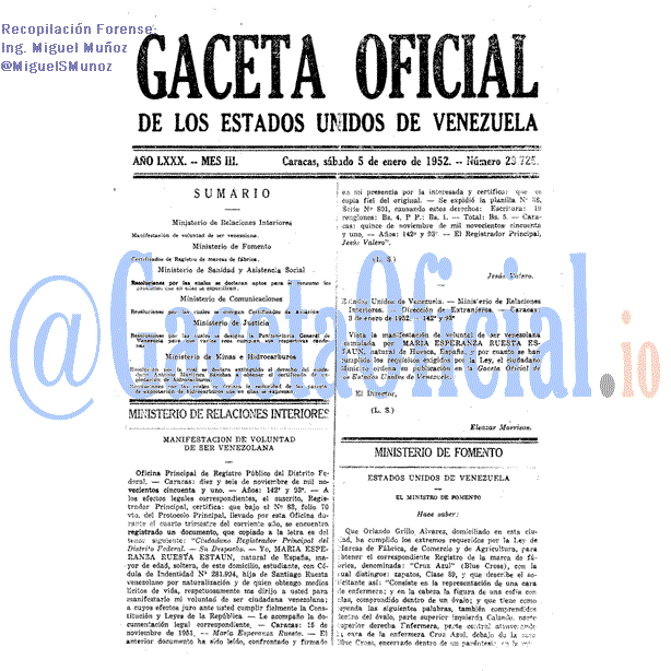 Gaceta Oficial 23725 del 5 Enero 1952
