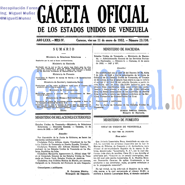 Gaceta Oficial 23730 del 11 Enero 1952