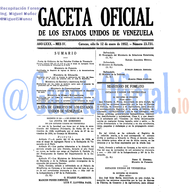 Gaceta Oficial 23731 del 12 Enero 1952