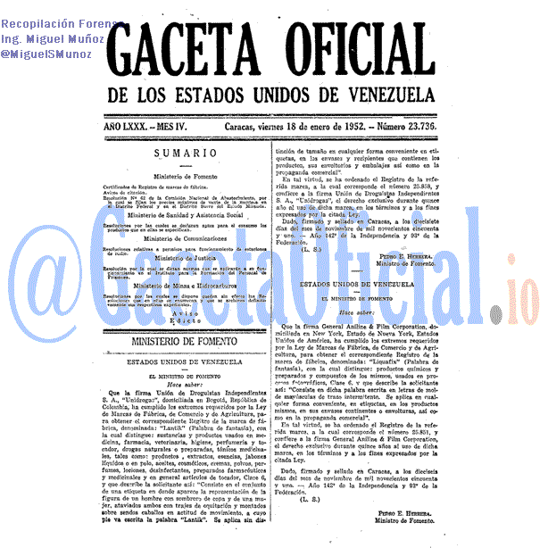 Gaceta Oficial 23736 del 18 Enero 1952