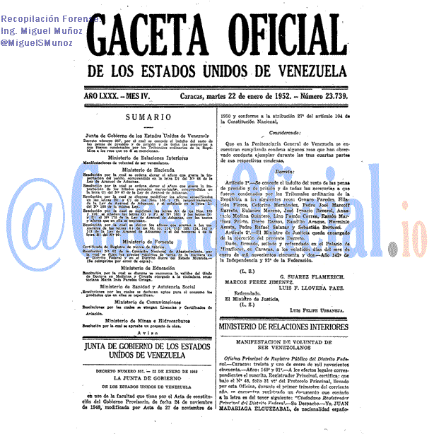 Gaceta Oficial 23739 del 22 Enero 1952