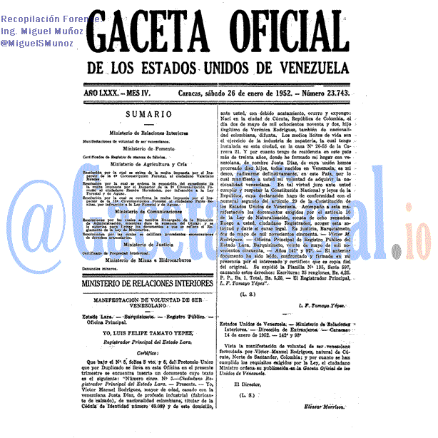 Gaceta Oficial 23743 del 26 Enero 1952