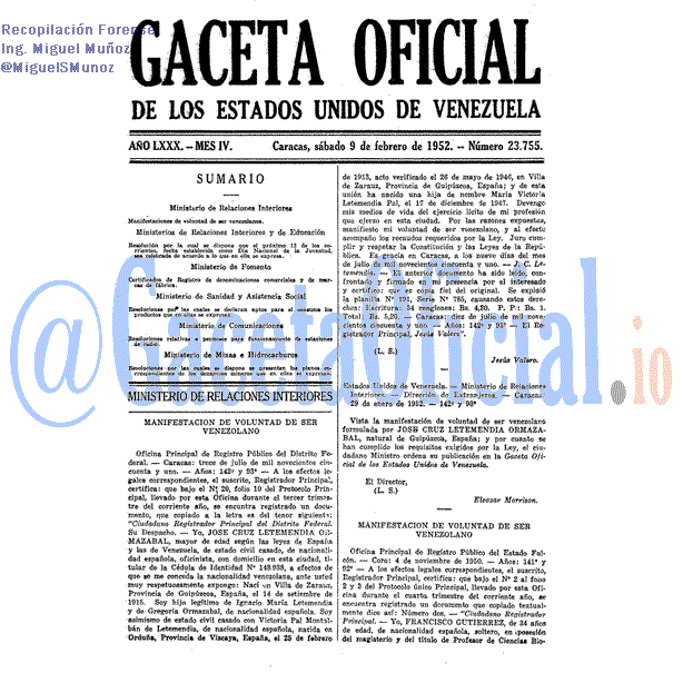 Gaceta Oficial 23755 del 9 Febrero 1952