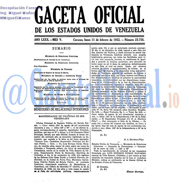 Gaceta Oficial 23756 del 11 Febrero 1952
