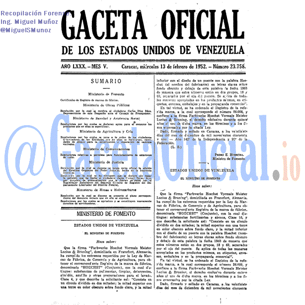 Gaceta Oficial 23758 del 13 Febrero 1952