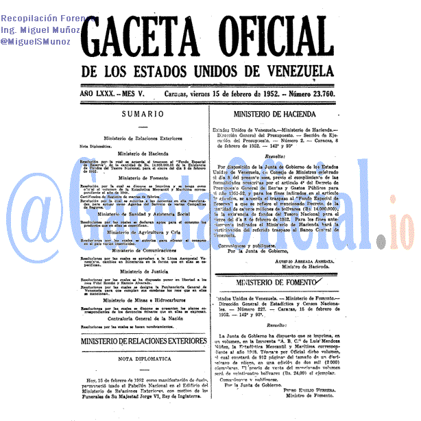 Gaceta Oficial 23760 del 15 Febrero 1952