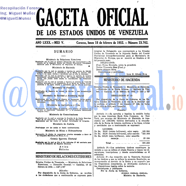 Gaceta Oficial 23762 del 18 Febrero 1952