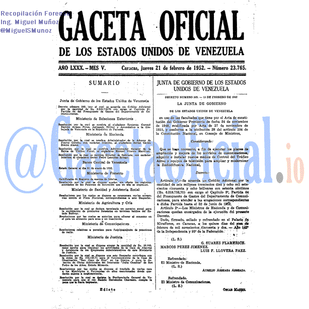 Gaceta Oficial 23765 del 21 Febrero 1952