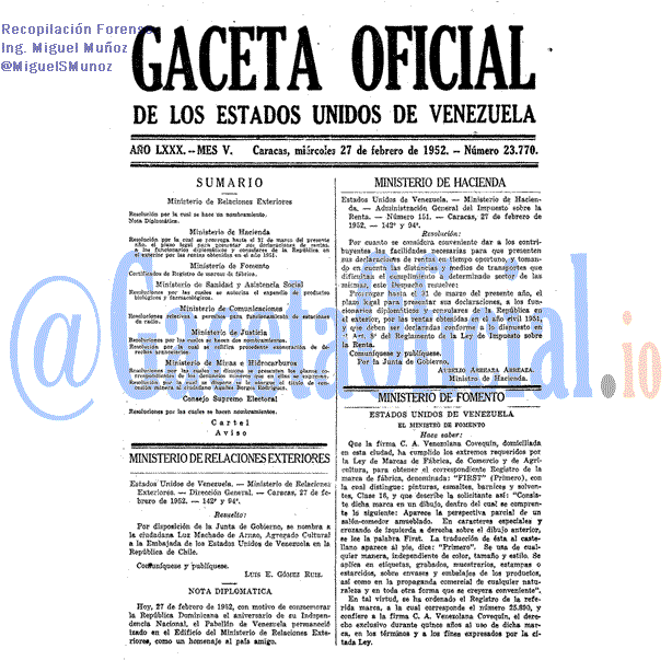 Gaceta Oficial 23770 del 27 Febrero 1952