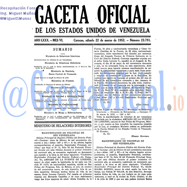 Gaceta Oficial 23791 del 22 Marzo 1952