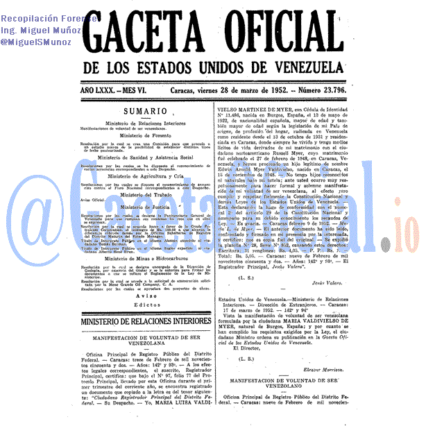 Gaceta Oficial 23796 del 28 Marzo 1952