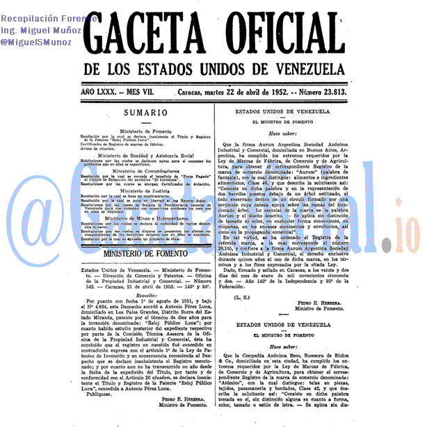 Gaceta Oficial 23813 del 22 Abril 1952