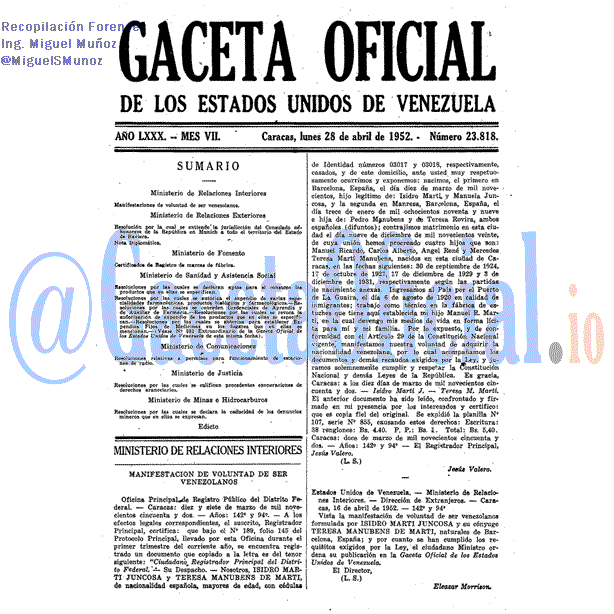 Gaceta Oficial 23818 del 28 Abril 1952