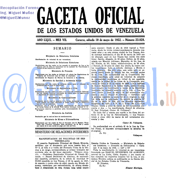 Gaceta Oficial 23828 del 10 Mayo 1952