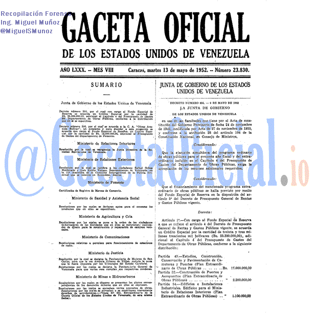 Gaceta Oficial 23830 del 13 Mayo 1952