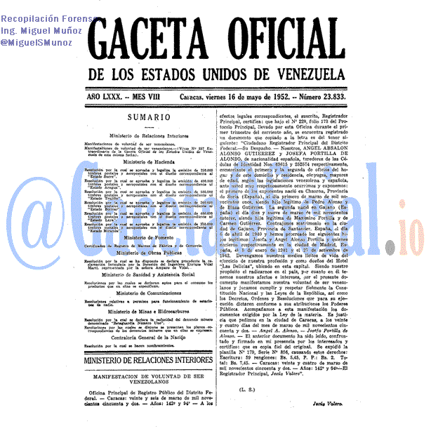 Gaceta Oficial 23833 del 16 Mayo 1952