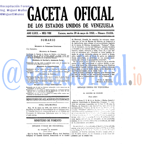 Gaceta Oficial 23836 del 20 Mayo 1952