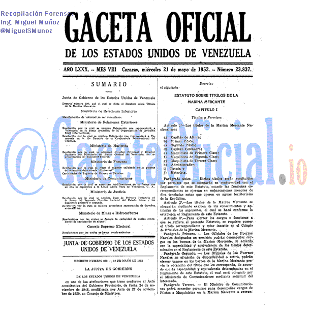 Gaceta Oficial 23837 del 21 Mayo 1952