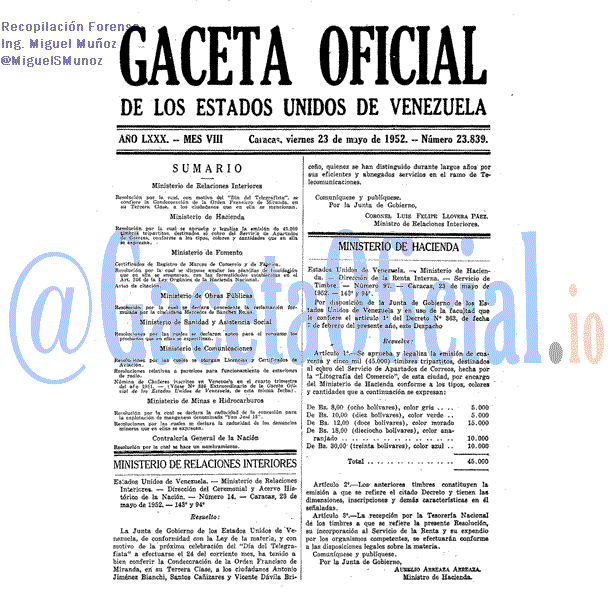 Gaceta Oficial 23839 del 23 Mayo 1952