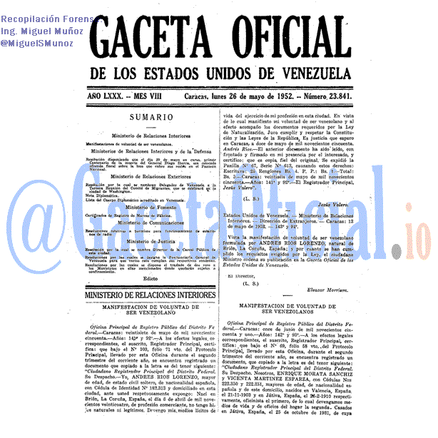 Gaceta Oficial 23841 del 26 Mayo 1952