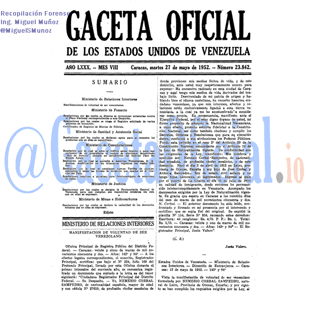 Gaceta Oficial 23842 del 27 Mayo 1952