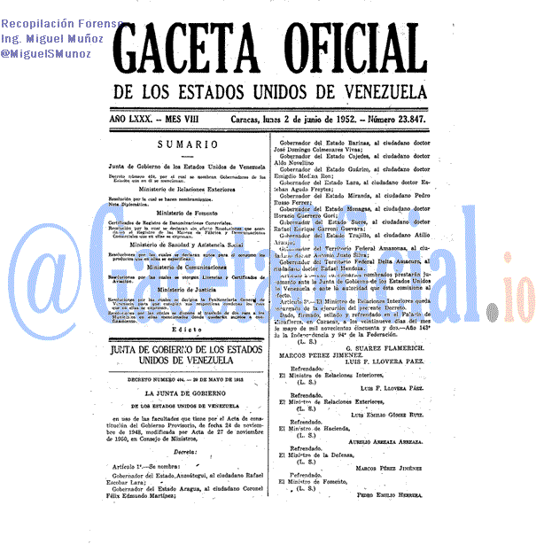 Gaceta Oficial 23847 del 2 Junio 1952