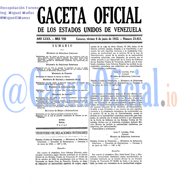 Gaceta Oficial 23851 del 6 Junio 1952