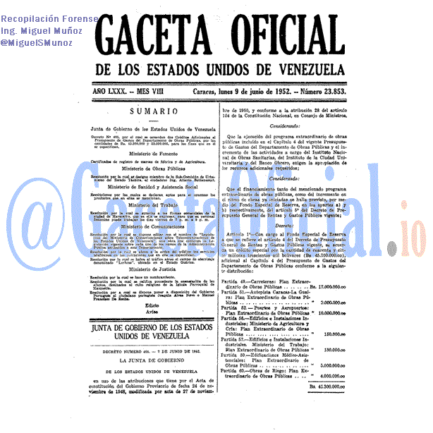 Gaceta Oficial 23853 del 9 Junio 1952