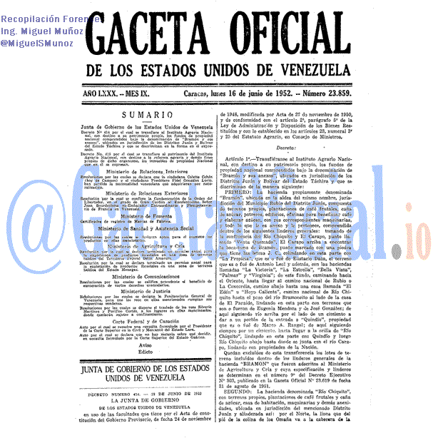 Gaceta Oficial 23859 del 16 Junio 1952