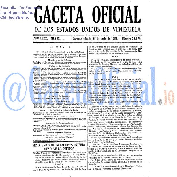 Gaceta Oficial 23870 del 28 Junio 1952