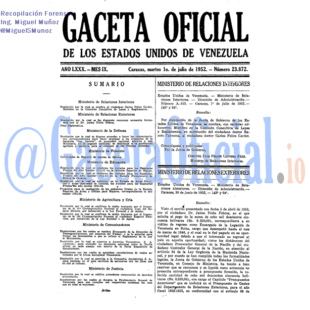 Gaceta Oficial 23872 del 1 Julio 1952