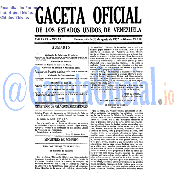 Gaceta Oficial 23910 del 16 Agosto 1952