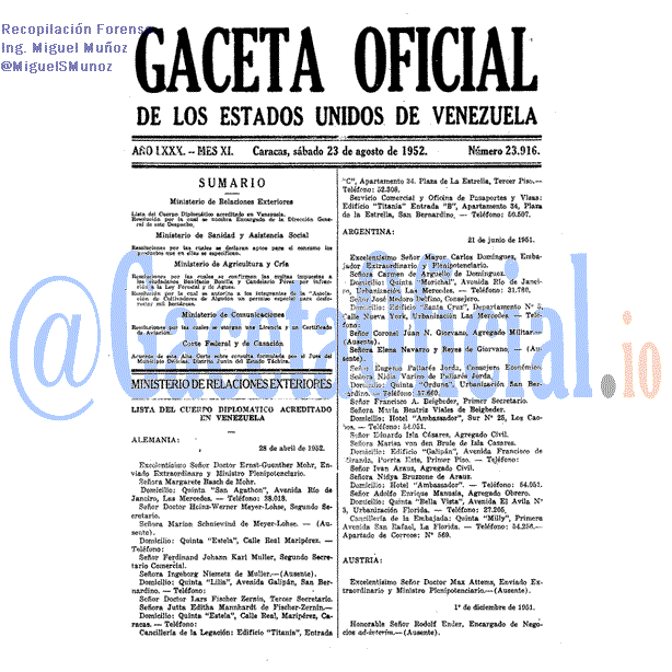 Gaceta Oficial 23916 del 23 Agosto 1952
