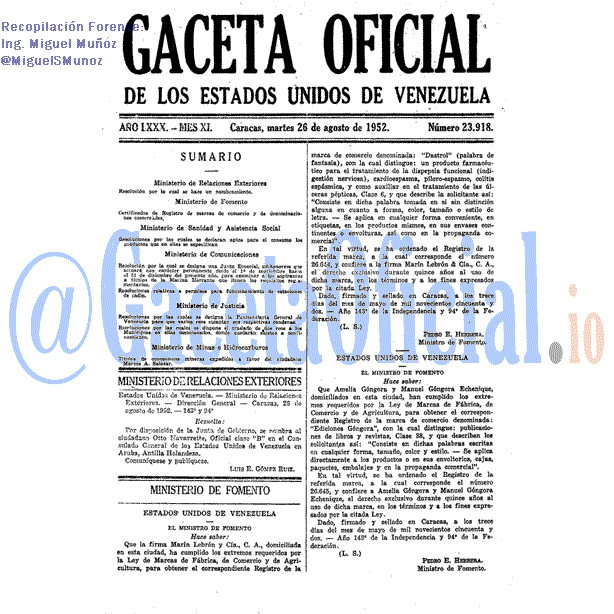 Gaceta Oficial 23918 del 26 Agosto 1952