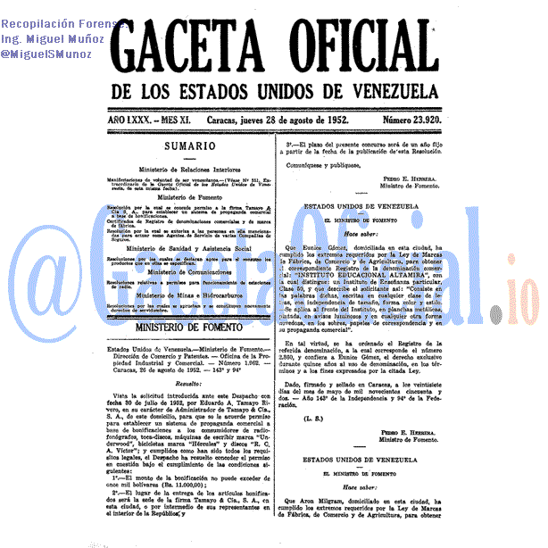Gaceta Oficial 23920 del 28 Agosto 1952