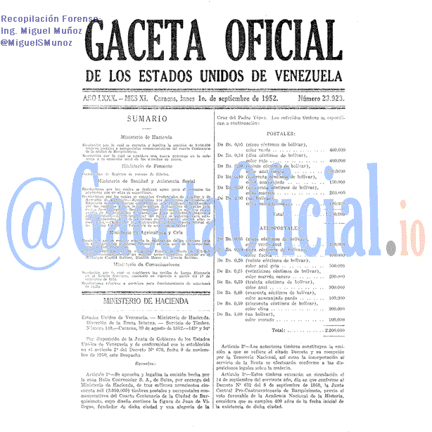 Gaceta Oficial 23923 del 1 Septiembre 1952