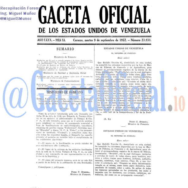 Gaceta Oficial 23930 del 9 Septiembre 1952
