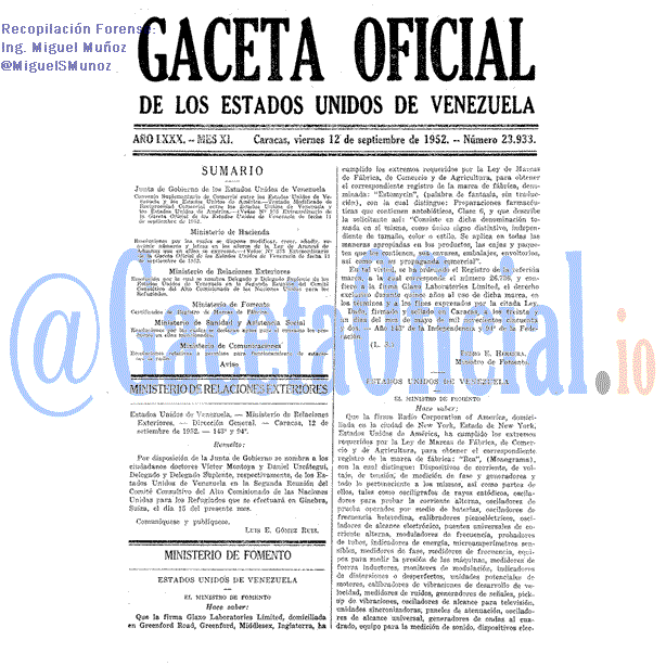 Gaceta Oficial 23933 del 12 Septiembre 1952