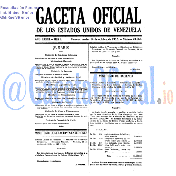Gaceta Oficial 23960 del 14 Octubre 1952
