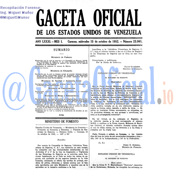 Gaceta Oficial 23961 del 15 Octubre 1952