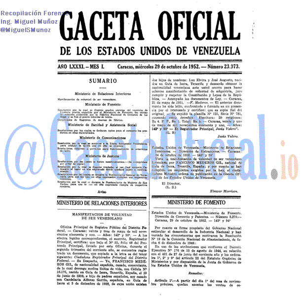 Gaceta Oficial 23973 del 29 Octubre 1952
