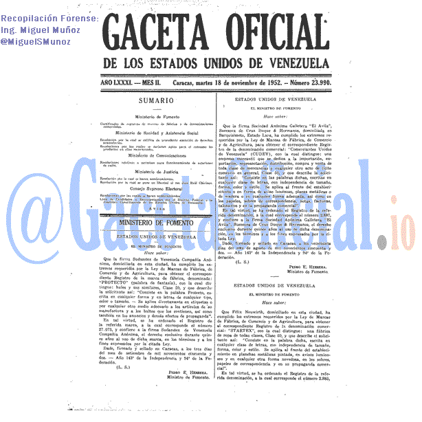 Gaceta Oficial 23990 del 18 Noviembre 1952
