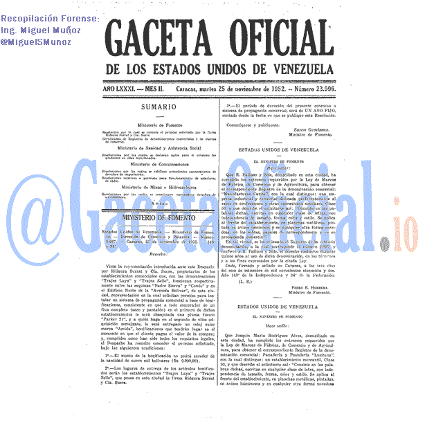 Gaceta Oficial 23996 del 25 Noviembre 1952
