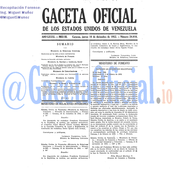 Gaceta Oficial 24016 del 18 Diciembre 1952